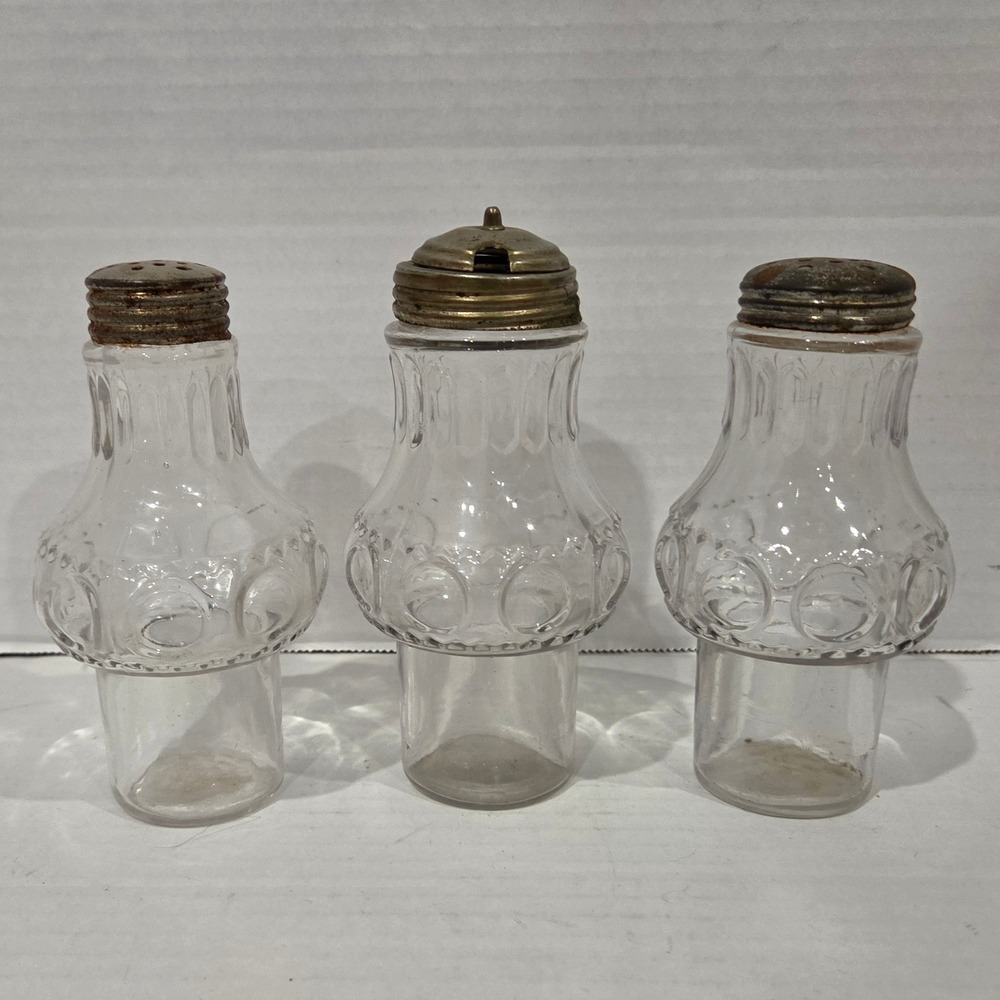 Vintage Pressed Glass Salt Pepper Shakers Mustard Pot Set Thumbprint Design 5in